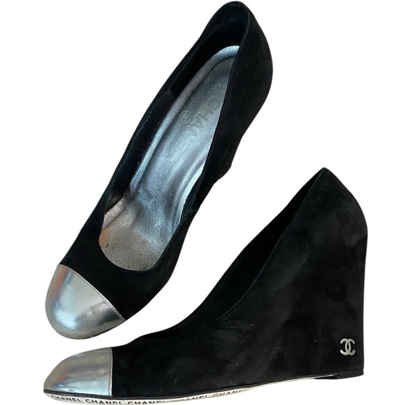 CHANEL Shoes - CHANEL Black and Silver Wedges